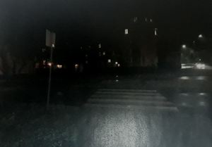 widok przejść dla pieszych o porze wieczornej przy ograniczonej widoczności